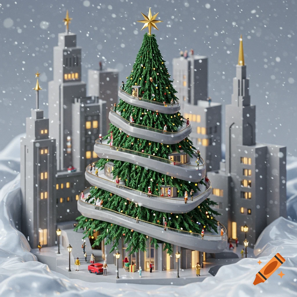 A whimsical 3D render of a giant Christmas tree building with spiraling walkways where miniature people walk, set in a snowy city with tall buildings.