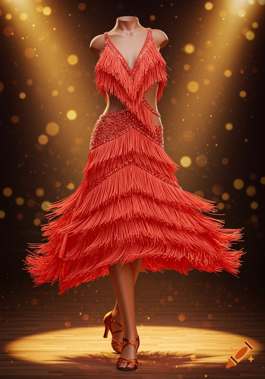 A vibrant red Latin dance dress with fringe and beading on a headless mannequin, illuminated by golden spotlights on a wooden floor.