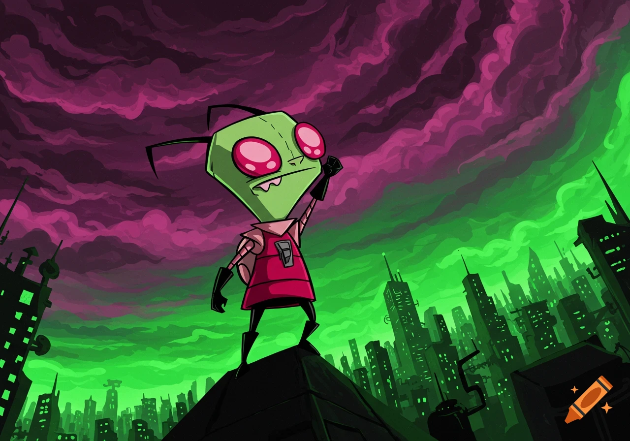 A green alien cartoon character, Invader Zim, stands triumphantly on a dark rooftop, raising a fist against a purple and green sky above a cityscape.