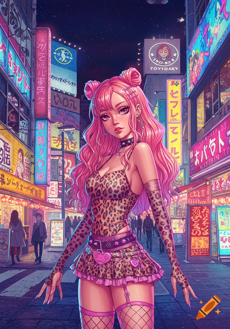 Anime woman with pink hair in leopard print outfit and fishnets poses on a neon-lit Tokyo street at night.