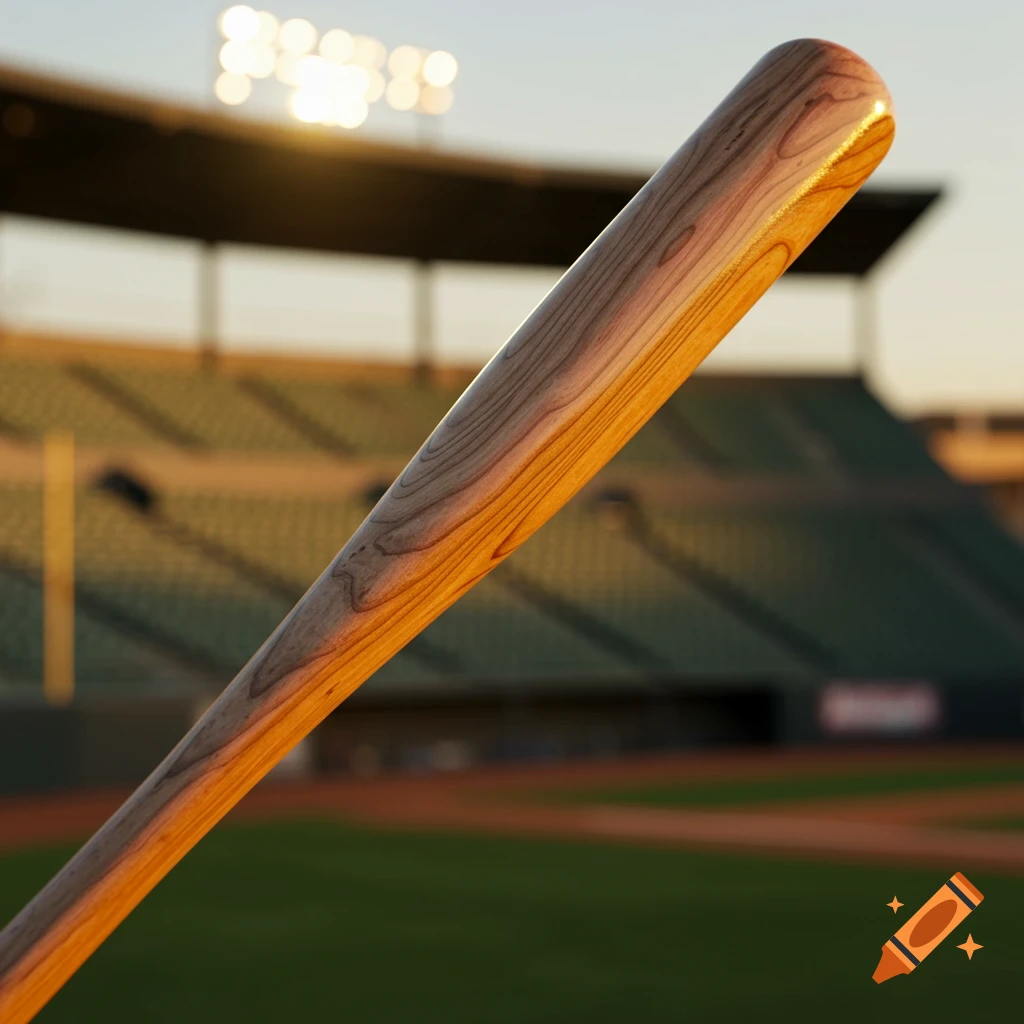 Close-up of a wooden baseball bat with a blurred baseball stadium and bright lights in the background at sunset.