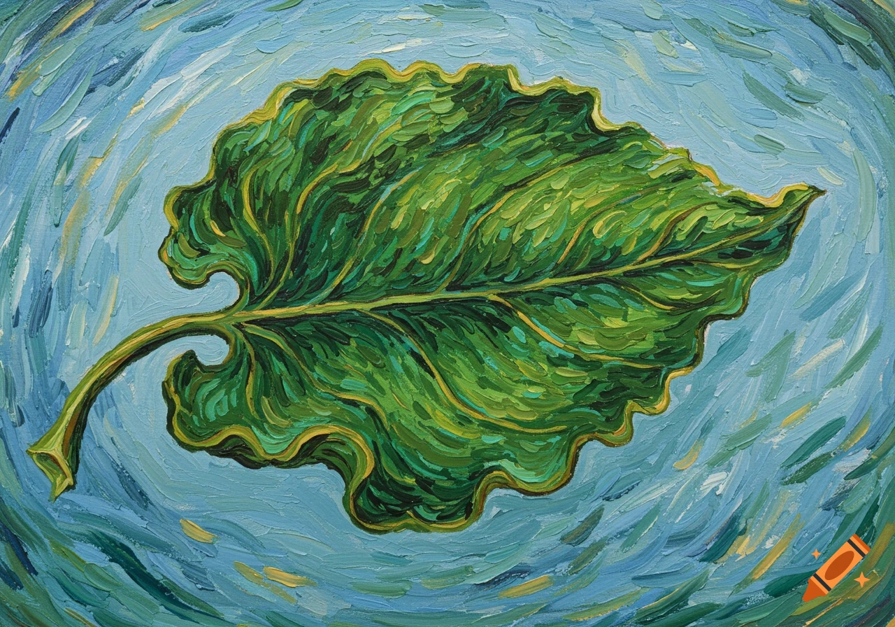 A close-up Van Gogh-style oil painting of a large green leaf with prominent veins on a swirling blue background.