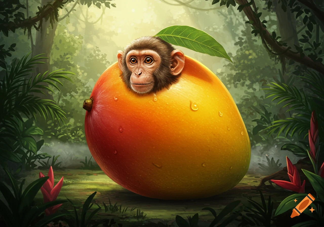 A monkey's head emerges from a large, ripe mango with water droplets, set in a lush, sunlit jungle.