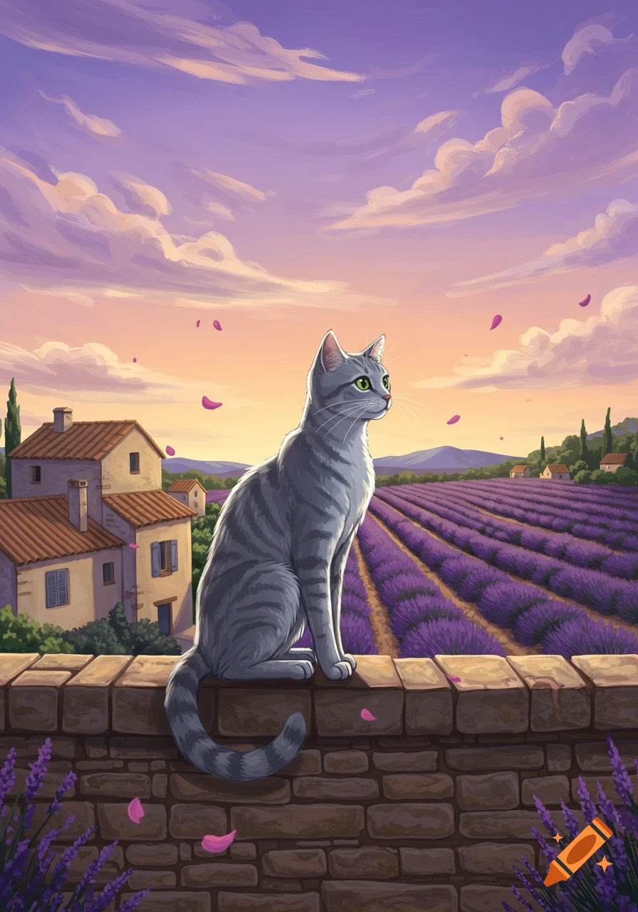 A gray tabby cat sits on a stone wall, looking right, overlooking a purple lavender field with houses under a colorful sunset sky.