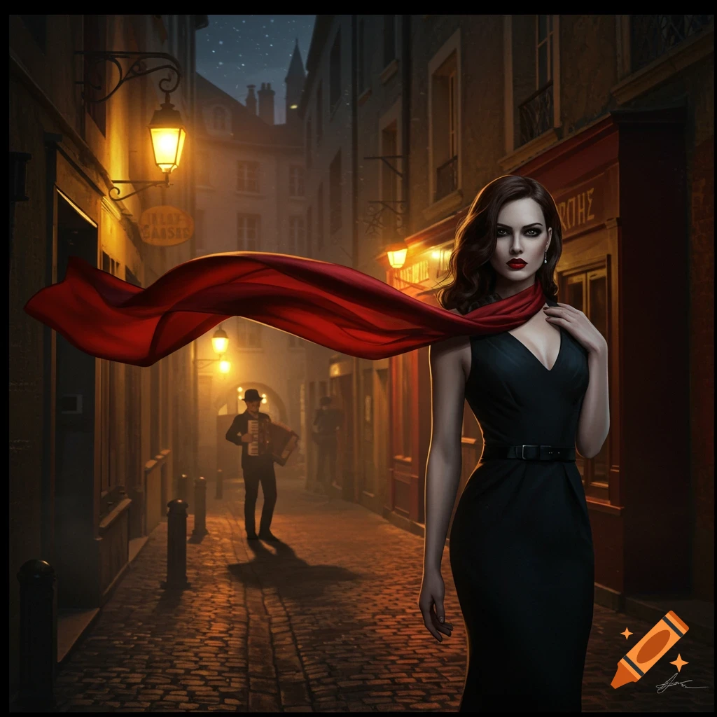 A woman in a black dress and red scarf walks down a cobblestone alley at night, streetlights glowing.