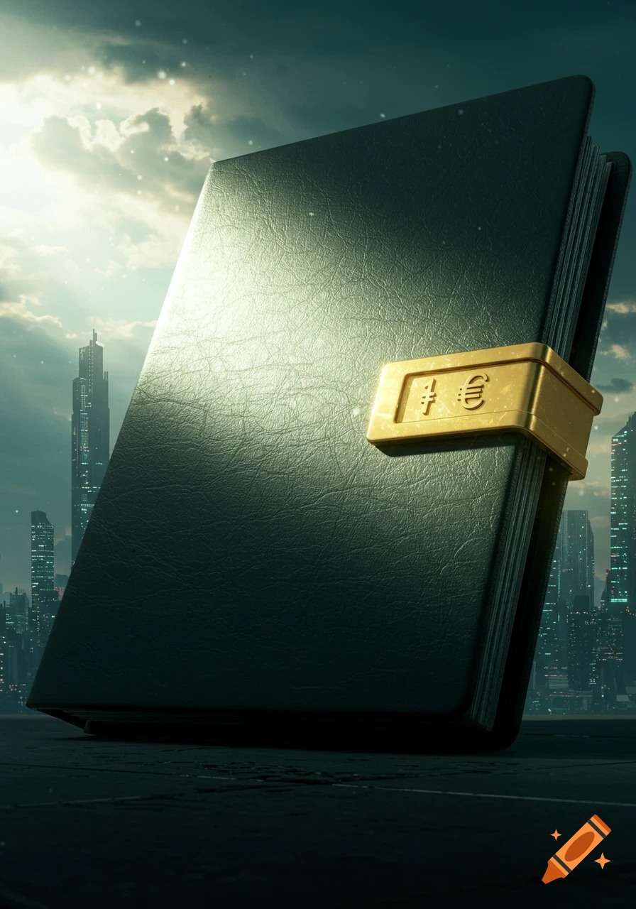 A large, dark textured portfolio with a golden clasp displaying Yen and Euro symbols, against a cloudy sky and futuristic city.