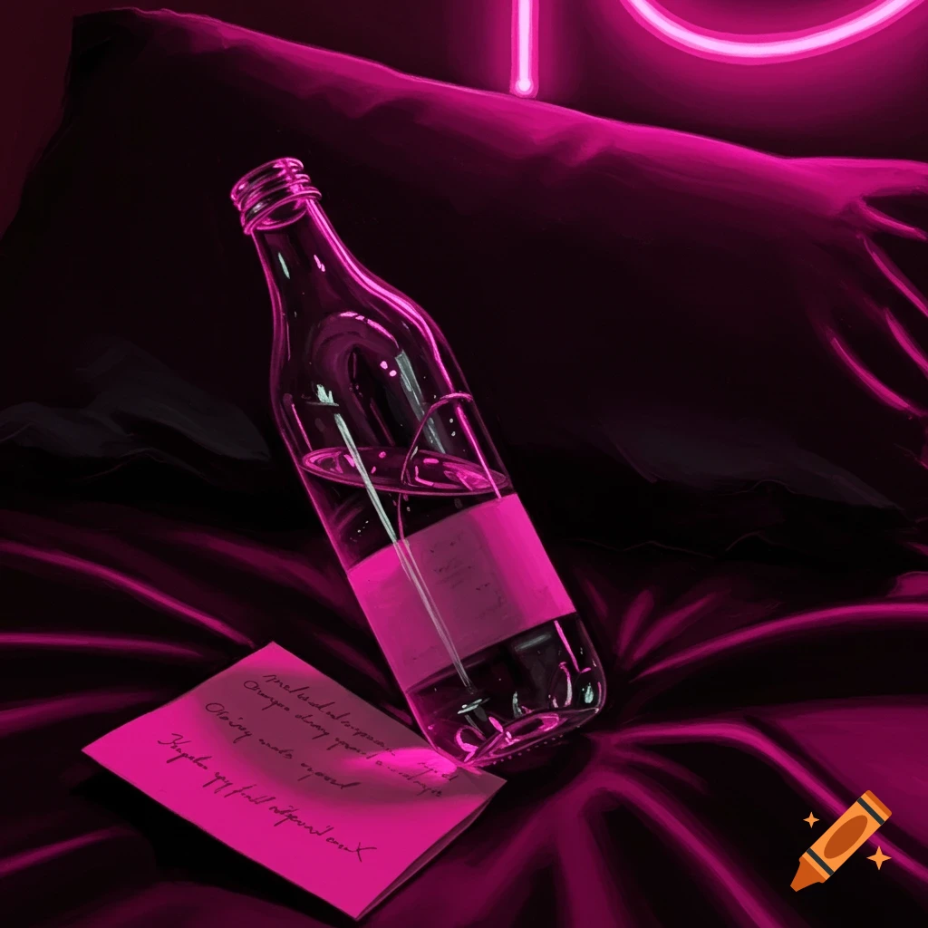 A clear water bottle and a handwritten note rest on a black satin bedsheet, illuminated by pink neon light in a realistic oil pastel style.