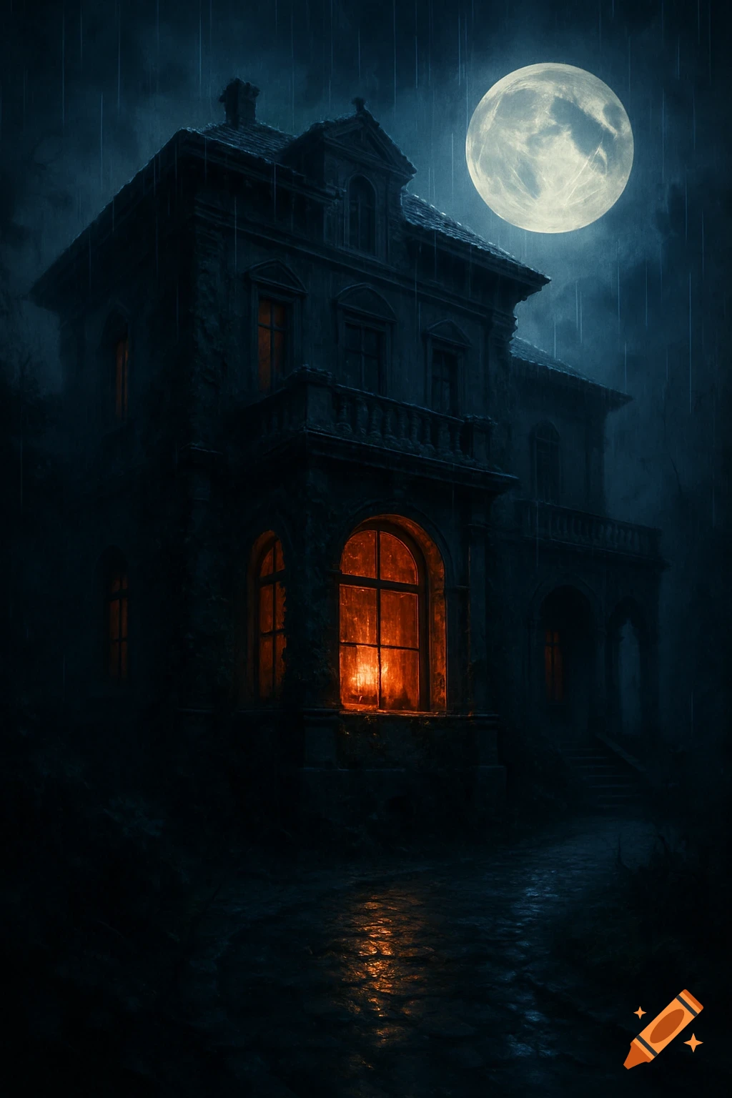 A dark, gothic mansion stands in heavy rain under a full moon, with a single window glowing warmly inside.