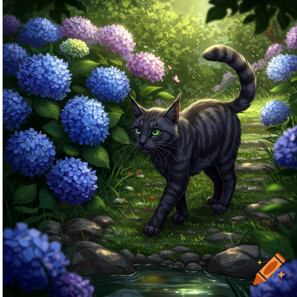 A dark grey striped cat with green eyes walks through a vibrant garden filled with blue and purple hydrangeas. Illustrative style.