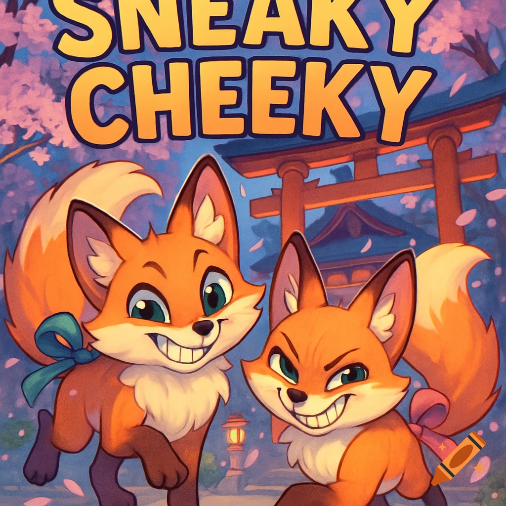 Two cartoon foxes with mischievous grins, one with a blue bow and one with a pink bow, in front of a Japanese gate and cherry blossoms. Text reads 'SNEAKY CHEEKY'.