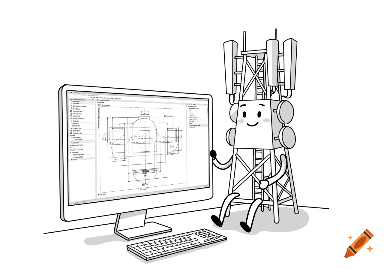 Cartoon outline of a happy telecom tower sitting behind a computer displaying an engineering blueprint and keyboard.