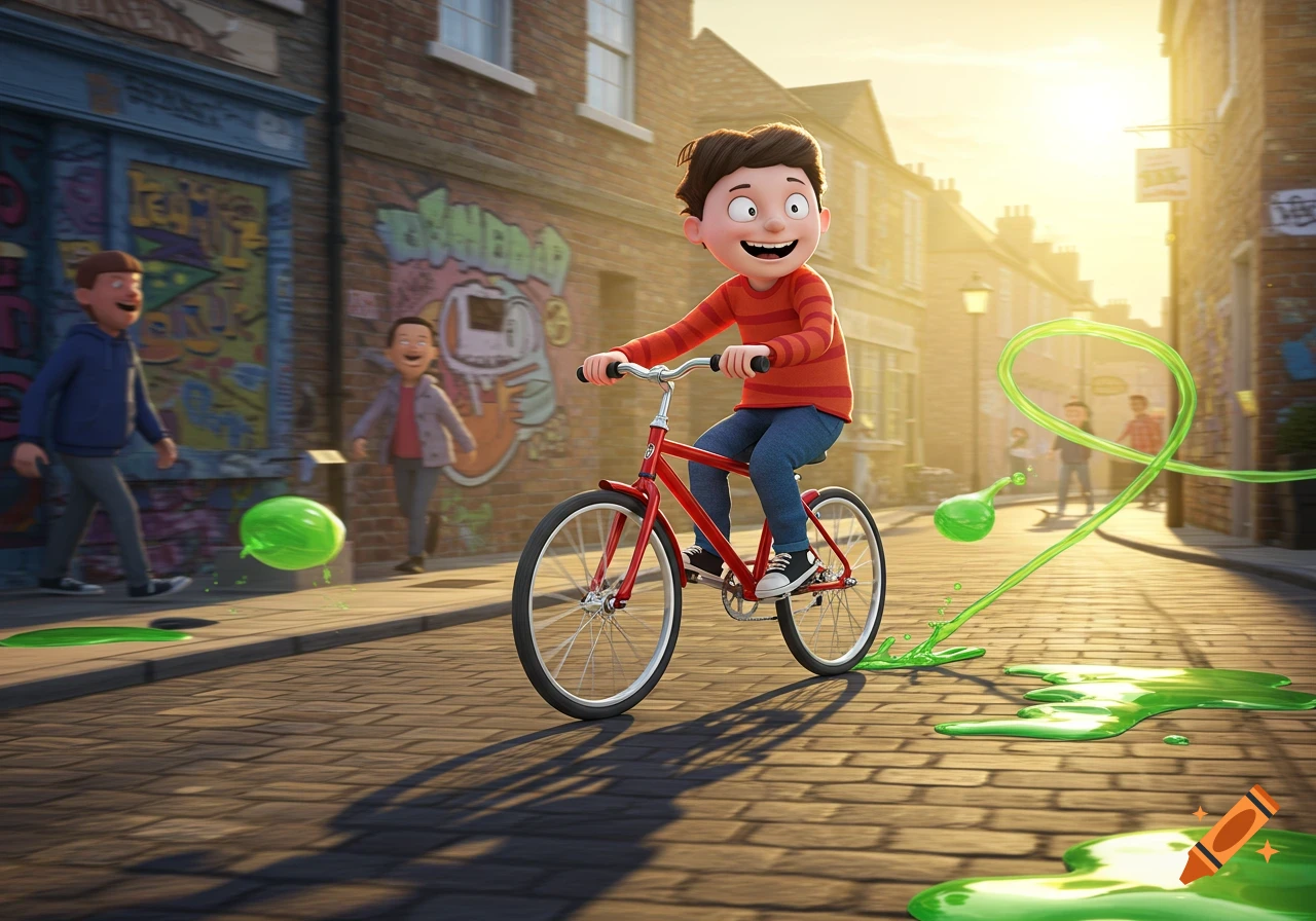 Smiling cartoon boy on a red bike rides down a cobblestone street as green slime splatters around him, with other children and graffiti in the background.