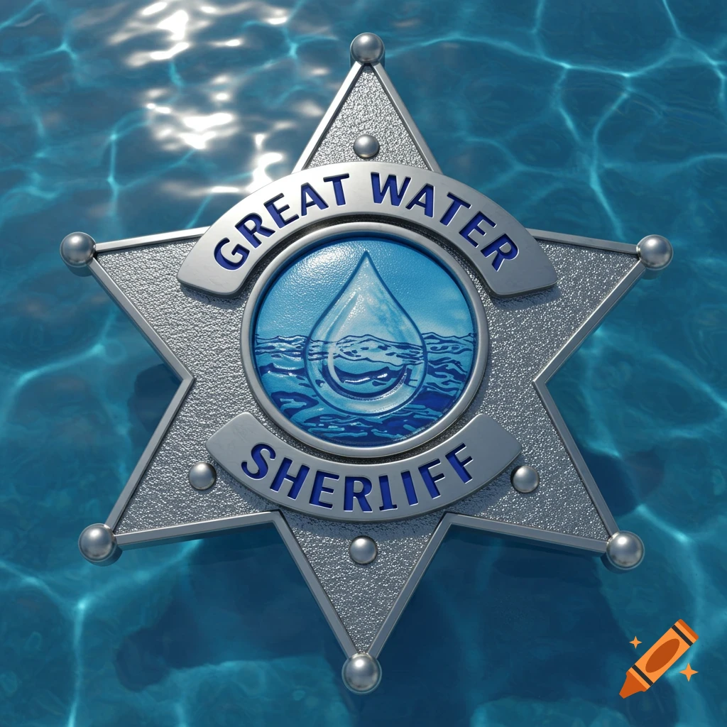 A shiny silver sheriff badge with "GREAT WATER SHERIFF" inscribed in blue, centered over a water droplet icon with blue waves, all against a sparkling blue water background.