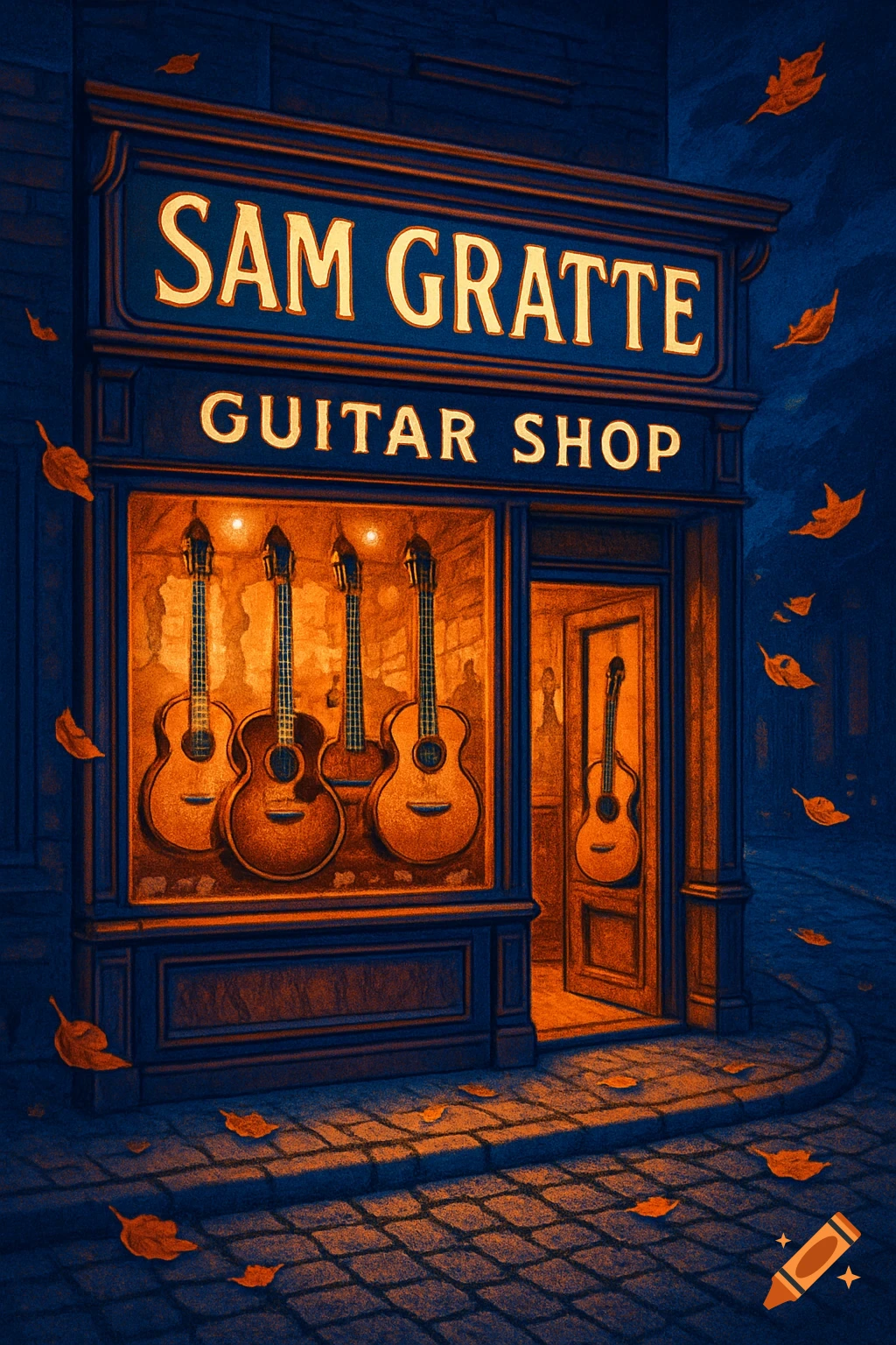 A warmly lit guitar shop named "SAM GRATTE GUITAR SHOP" at night, with several guitars displayed in the window and autumn leaves on the cobblestone street.