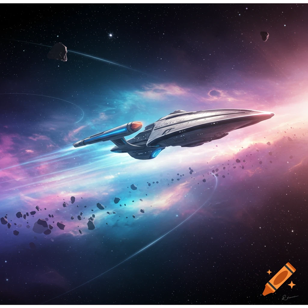 A futuristic spaceship with blue engines flies through a colorful nebula, asteroid field, and star-filled deep space.