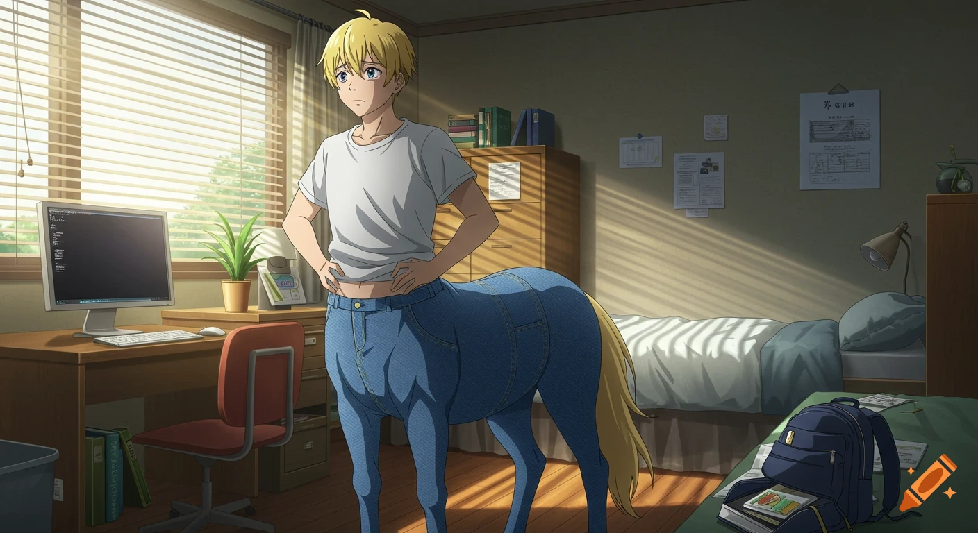 An anime-style blonde male high school centaur with a denim horse body stands distressed in his room, hands on his waist.