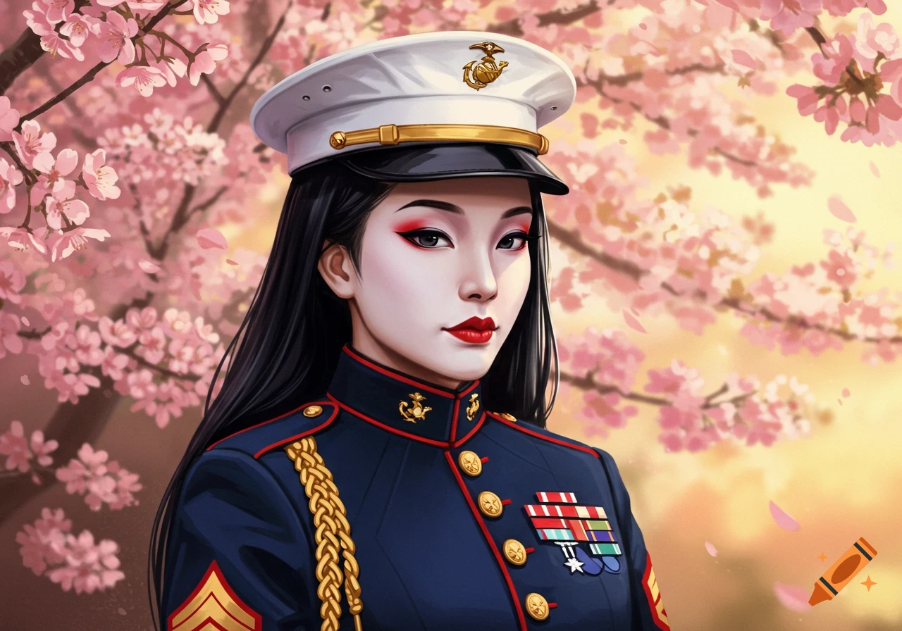 A stylized portrait of a woman with long black hair and geisha-like makeup wearing a US Marine Corps dress uniform and hat, framed by pink cherry blossoms.