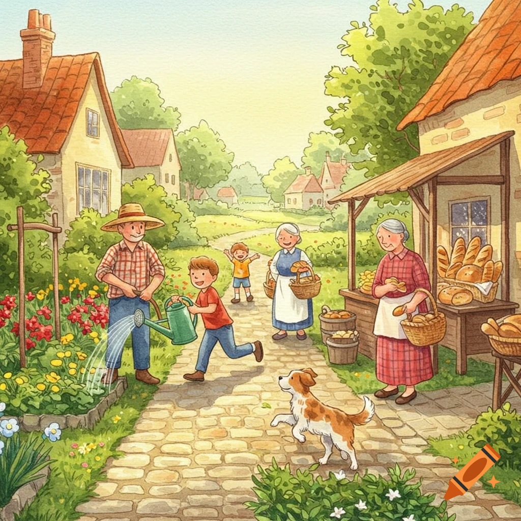 Watercolor illustration of a bustling village: a man waters flowers, a boy runs, women sell bread, children play, and a dog runs on a cobblestone path.