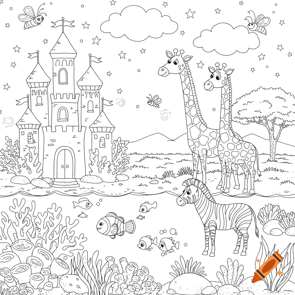 A black and white coloring page featuring a castle, two giraffes, a zebra, butterflies, fish, and coral in a whimsical landscape.