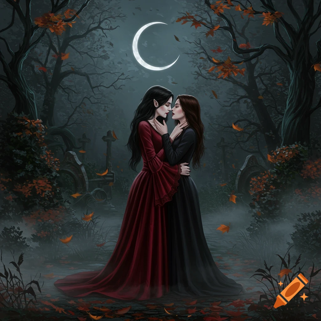 Two women, one with fangs, embrace and lean in for a kiss in a moonlit gothic graveyard with autumn leaves, digital painting.