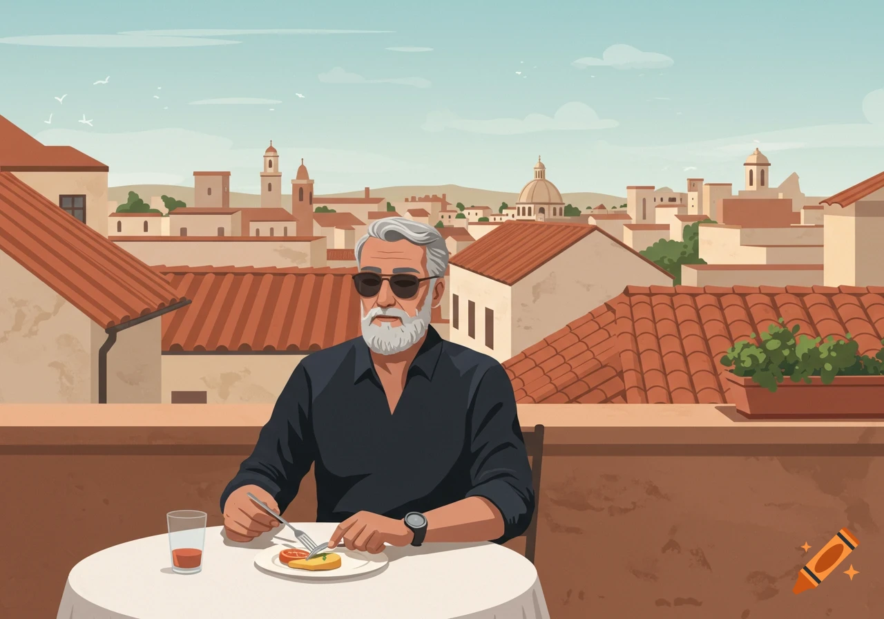 A man with a grey beard and sunglasses eats lunch on a high terrace overlooking a historic city with terracotta roofs, in an illustration.