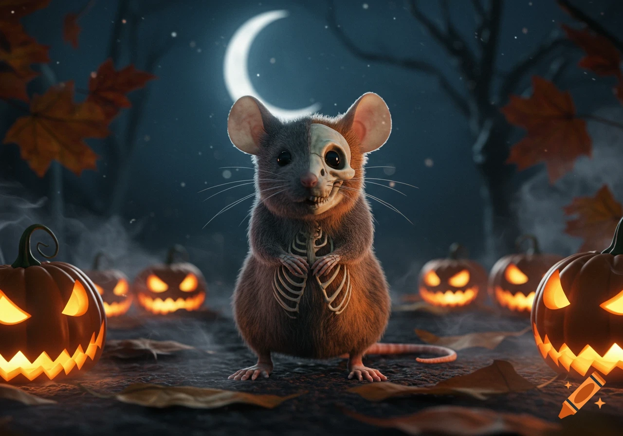 A small mouse wearing a skeleton costume, half flesh and half bone, stands among glowing jack-o'-lanterns under a crescent moon on Halloween night.