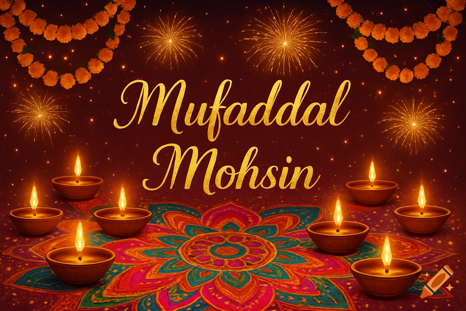 A festive Diwali greeting card with lit diyas, a colorful rangoli pattern, flower garlands, and fireworks behind golden text 'Mufaddal Mohsin'.