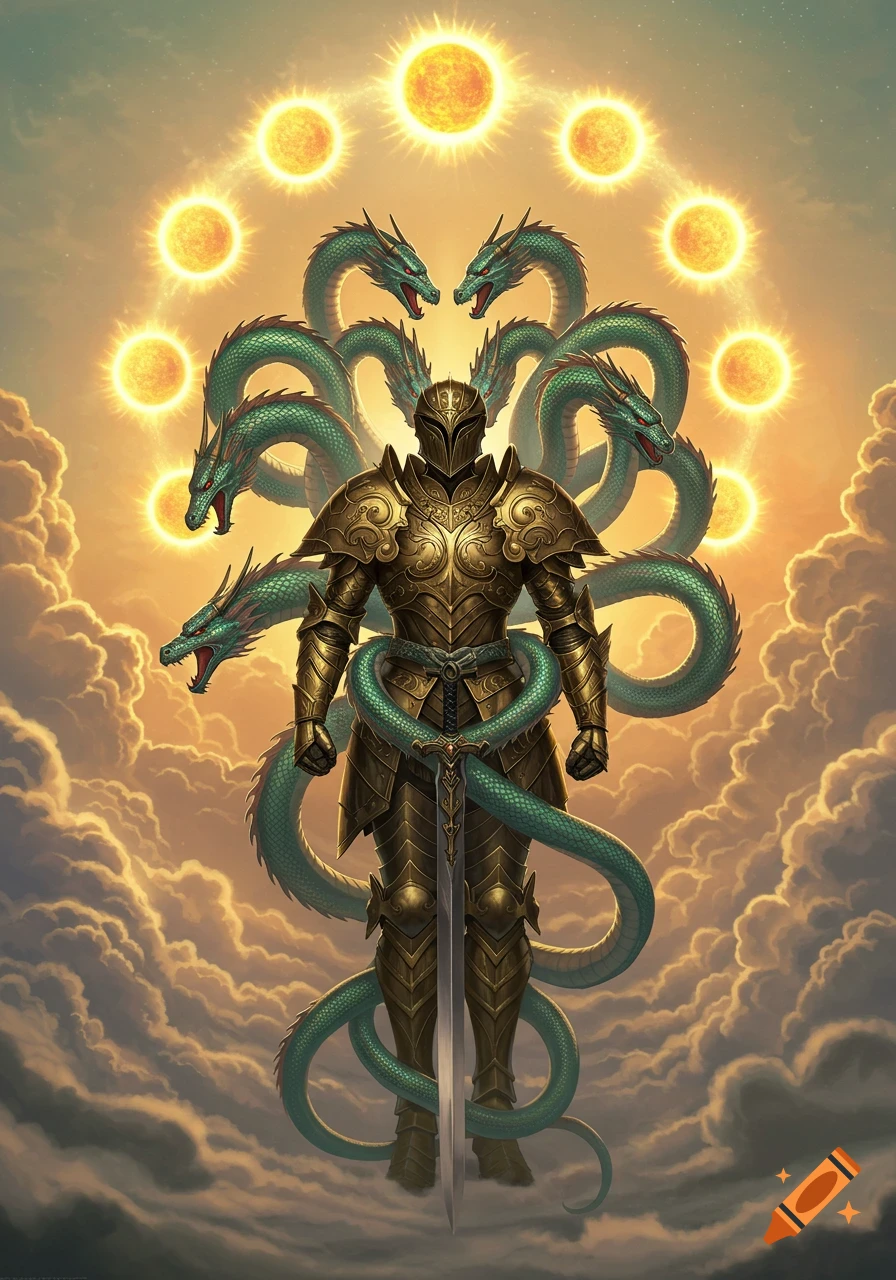 A golden armored knight entwined by a green multi-headed hydra stands beneath a ring of suns in a cloudy sky.