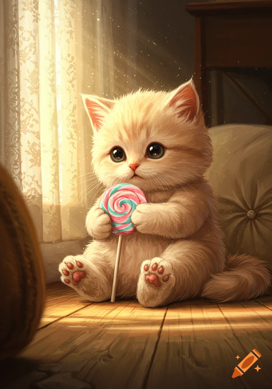A fluffy ginger kitten with large eyes sits on a sunlit wooden floor, holding a pink and blue swirl lollipop.
