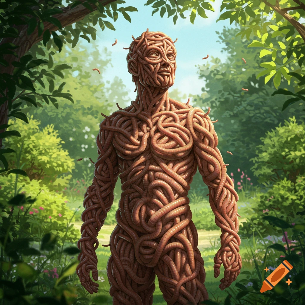 A human-shaped figure made of intertwined earthworms stands in a vibrant green forest.