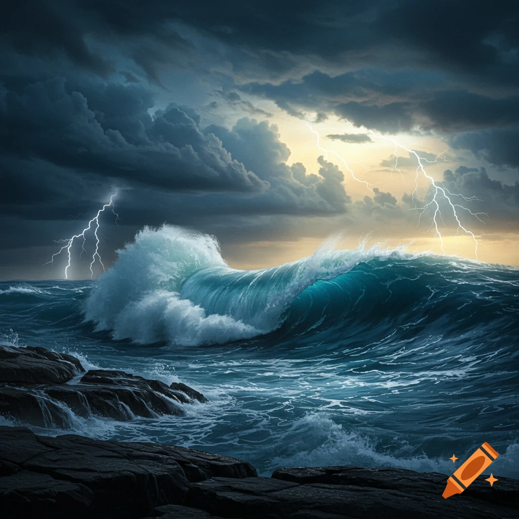 A turbulent ocean storm at dusk with massive waves crashing on jagged rocks, dark clouds, and lightning in cinematic lighting.