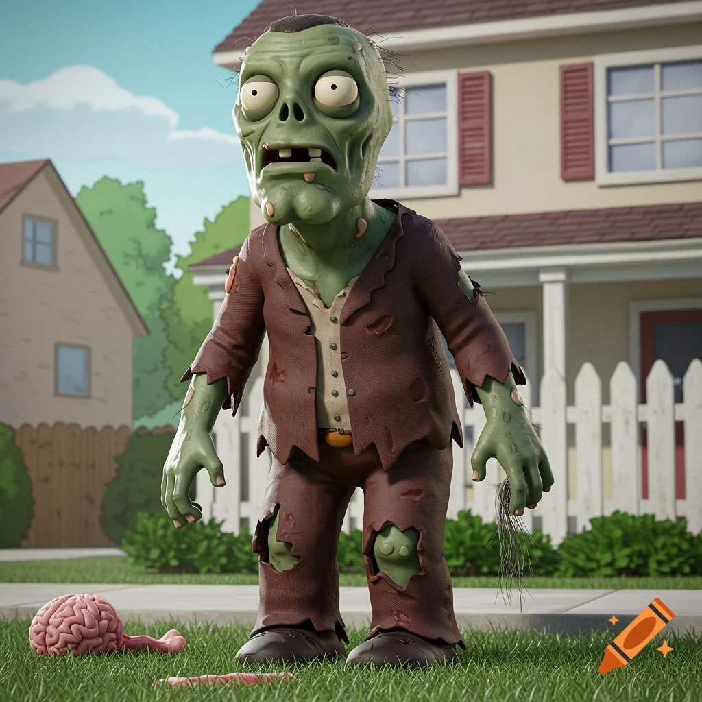 A green cartoon zombie with torn clothes and exposed brain stands on a grassy lawn in a suburban neighborhood.