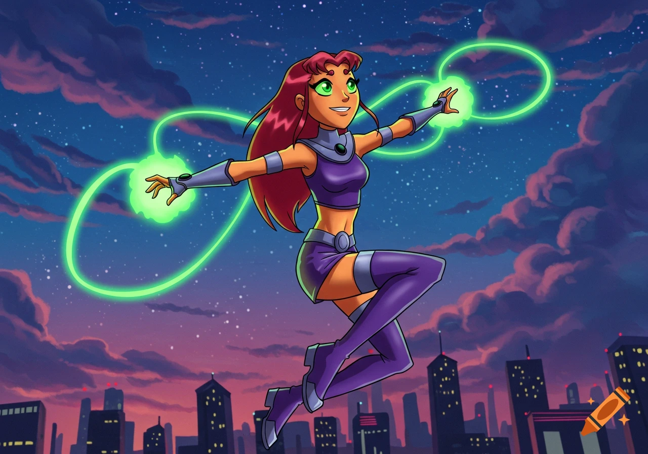 Cartoon Starfire with long red hair and a purple costume flies over a city skyline at sunset, emitting green energy.