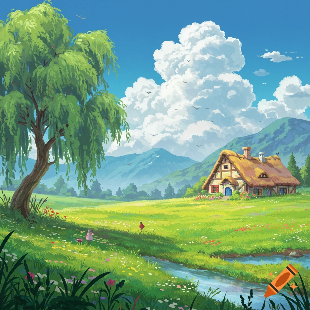 Vibrant Ghibli-style illustration of a pastoral landscape with a large willow tree, a cottage, green hills, and a stream.