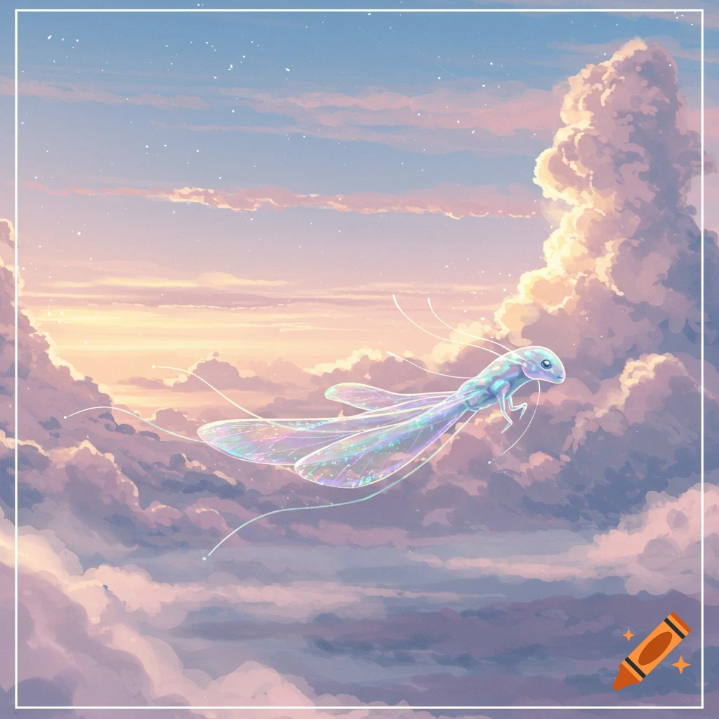 A whimsical, translucent creature with iridescent wings and glowing filaments flies through pink and orange clouds at sunset in a digital art style.