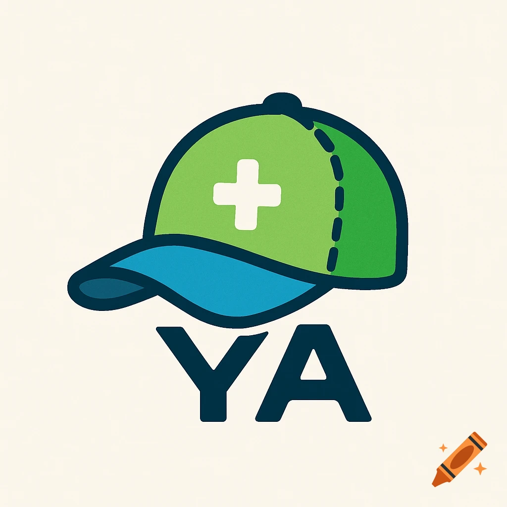 A simple flat logo featuring a green baseball cap with a white cross on the front, a blue brim, and the letters YA in dark blue below it, all on a light background.