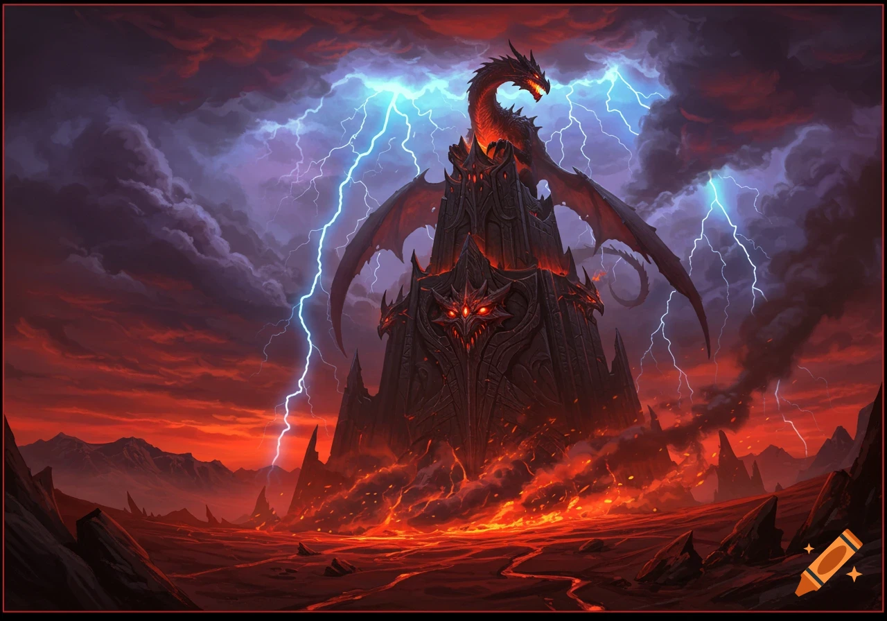 Dark fantasy art of a red dragon atop a spired fortress in a stormy volcanic landscape with lightning.