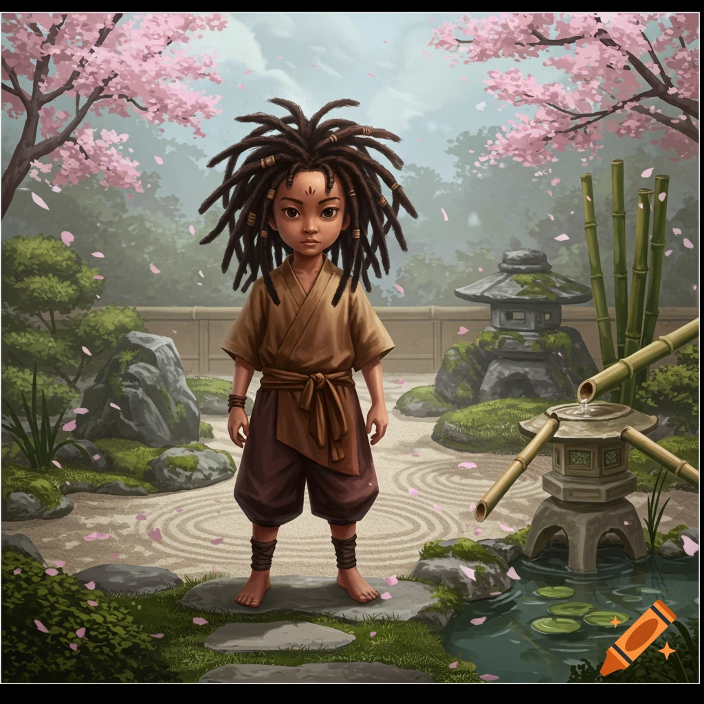 A stylized boy with dreadlocks stands in a tranquil Japanese garden with cherry blossoms and a stone lantern.