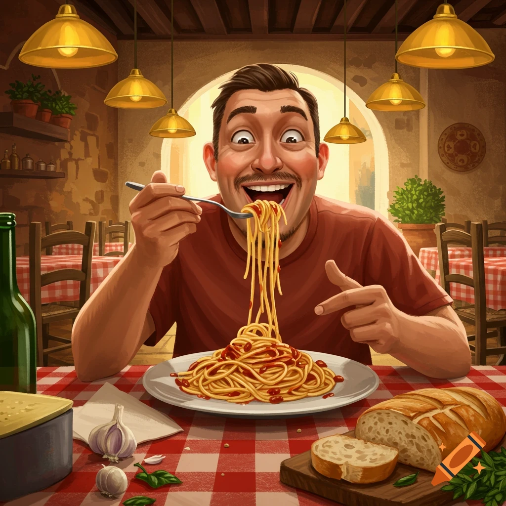 A joyful cartoon man with a mustache slurps spaghetti from a fork, sitting at a red checkered table with bread and garlic.
