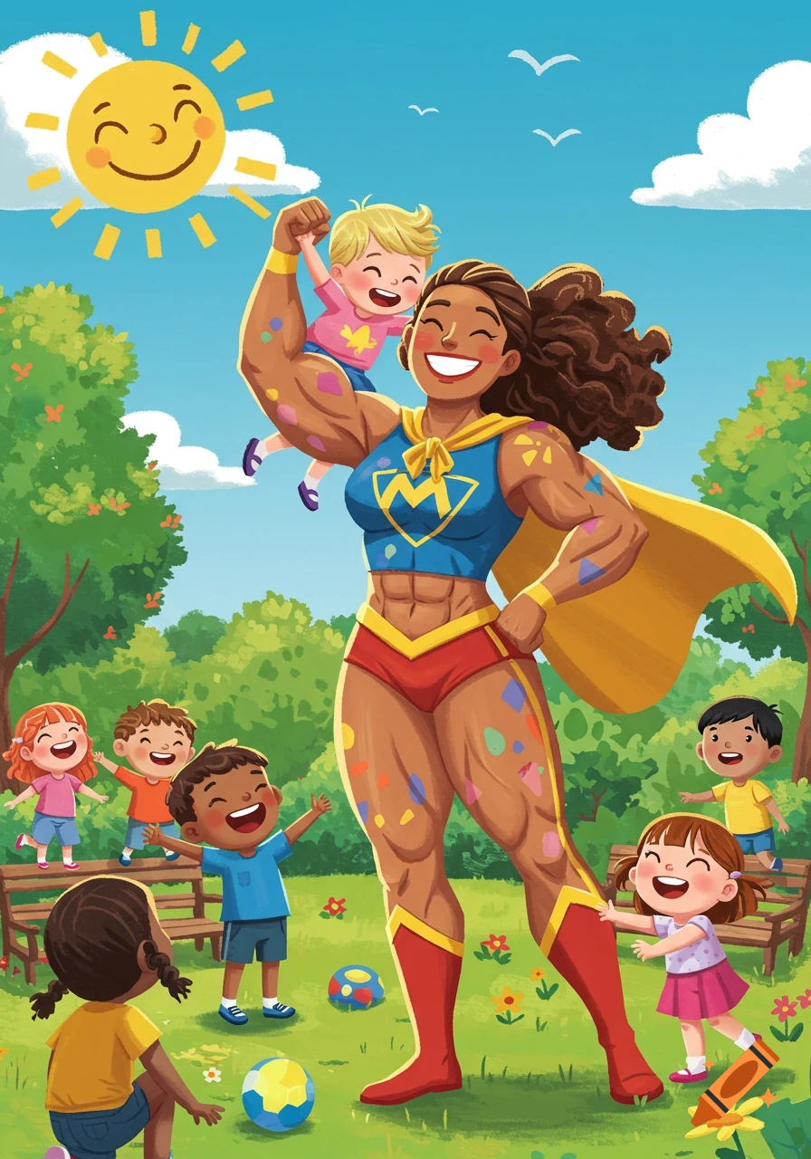 A muscular superhero mom holding a child in a sunny park with other happy kids, in a vibrant cartoon illustration style.