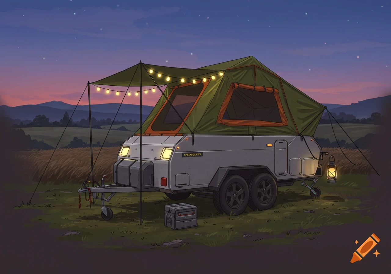 A stylized illustration of a camping trailer with a tent on top and string lights, parked in a field at dusk.