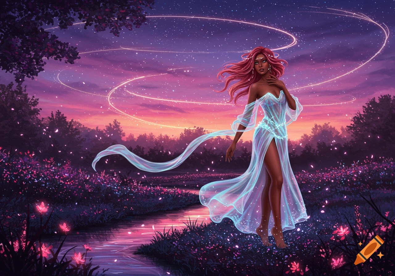 A fantasy woman with red hair in a sheer, glowing dress floats over a field of pink flowers beside a river at a purple and orange sunset.