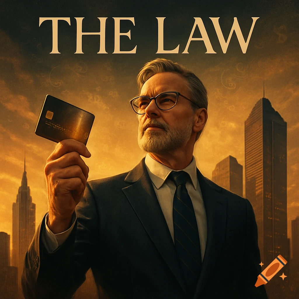 A man in a suit and glasses holds up a credit card, with a city skyline at sunset behind him. Text reads "THE LAW" at the top.