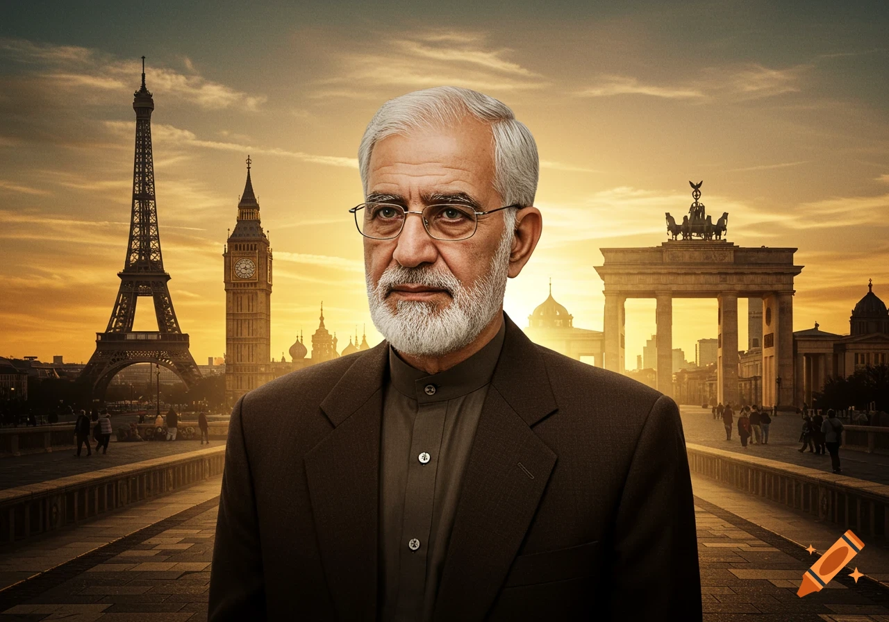 A serious elderly man with a white beard and glasses stands in a brown suit against a sunset backdrop featuring the Eiffel Tower, Big Ben, and Brandenburg Gate.