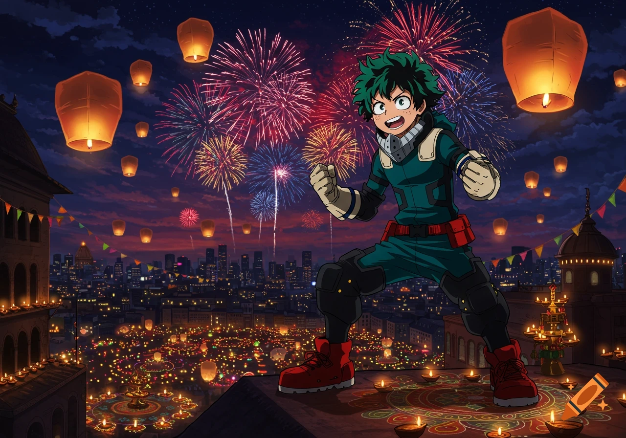 Anime character Izuku Midoriya on a rooftop overlooking a city celebrating Diwali with fireworks, floating lanterns, and glowing diyas.