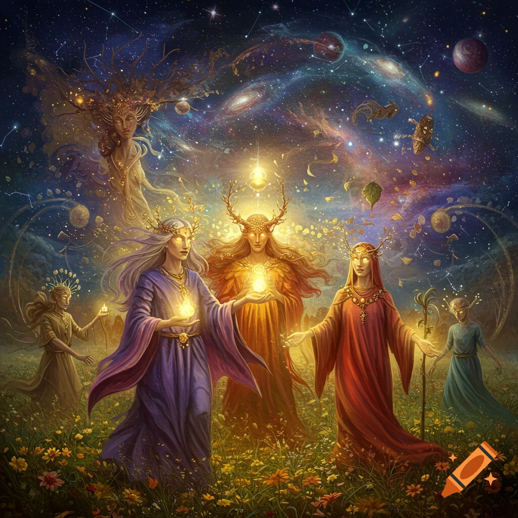 Ethereal fantasy art of robed magicians with glowing orbs and antlers, standing in a vibrant flower field beneath a starry cosmic sky.