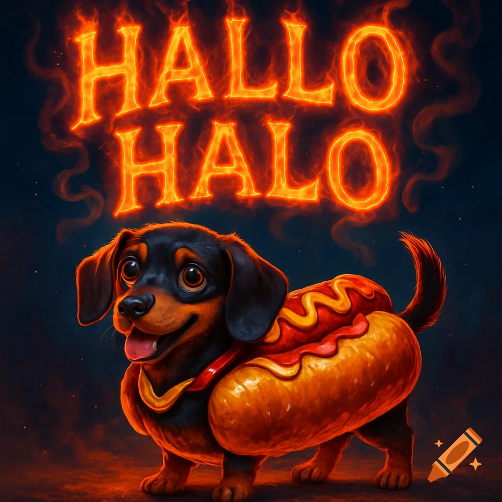 A cute dachshund in a hotdog costume stands under fiery "HALLO HALO" text on a dark, smoky background.
