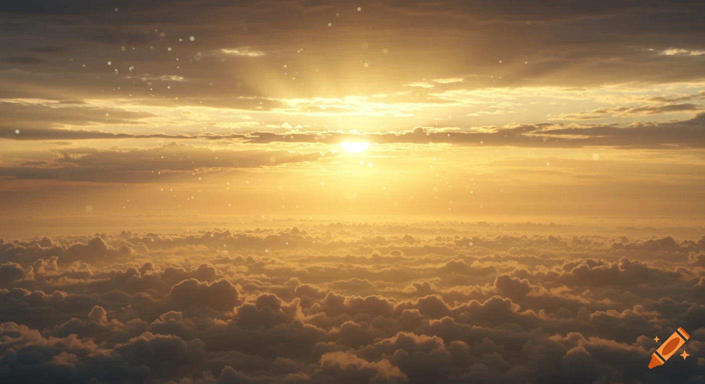Ultra-realistic golden sunrise over a sea of soft clouds with sunbeams and subtle light particles.