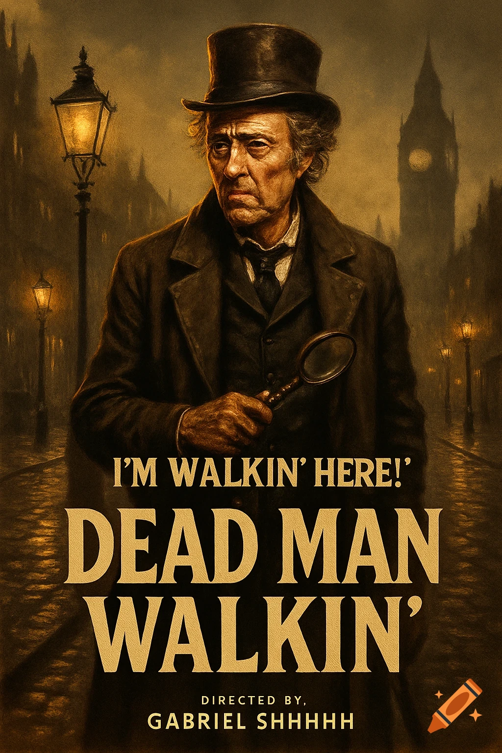 A moody movie poster features an old, weary Victorian detective in a top hat and coat, holding a magnifying glass on a misty London street at night with Big Ben in the background. Text reads "DEAD MAN WALKIN'" and "I'M WALKIN' HERE!"