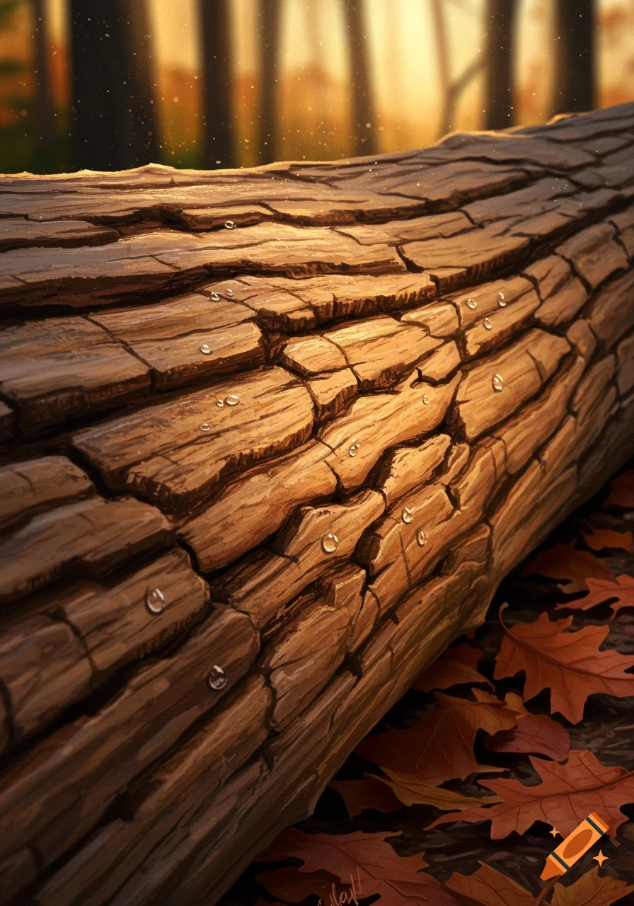 Close-up of a weathered tree log covered in water droplets and surrounded by autumn leaves in a warm, sunlit forest.